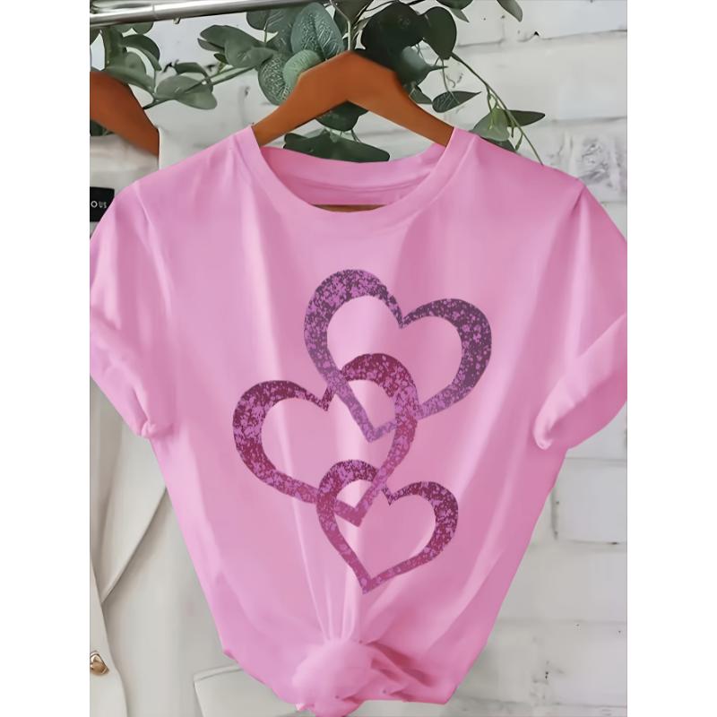 Women's Summer Casual Short Sleeve T-Shirt - Vibrant Pink Gradient Heart Print, Relaxed Fit Round Neck, Medium Stretch Breathable Fabric, Machine Washable Korean Style Top, Glitter Texture Hearts, Comfortable Fit Shirt