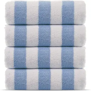 Premium Quality 100% Cotton Turkish Cabana Thick Stripe Pool Beach Towels 4-Pack (Light Blue, 30x60 Inch) - Soft Absorbent Fast-Drying Summer Towel for Beach Pool