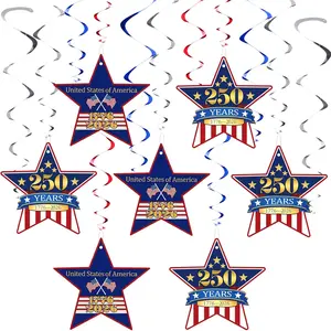250th Anniversary USA Hanging Swirls Decorations 18 Pcs Red White Blue 250 Years Patriotic Ceiling Streamers 4th of July Hanging Ornaments with Star for American Anniversary Independence Day