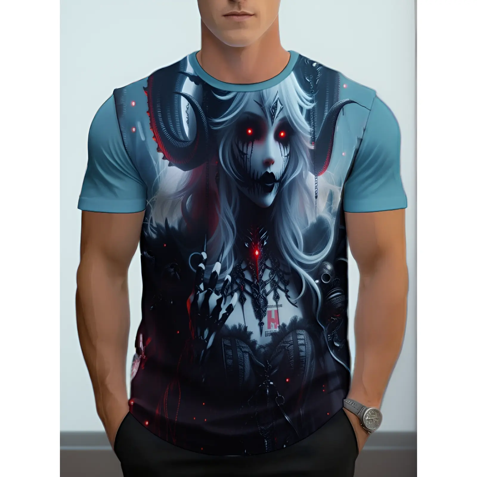 Men'S Dark Style Succubus Print Short Sleeve T-Shirts, Summer Loose Breathable Crew Neck Tops, Trendy Personalized Demon Pattern Casual Undershirts, European And American Street Style Plus Size Men