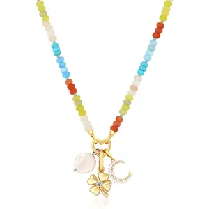MULTI COLOR SEMI PRECIOUS BEAD NECKLACE WITH HEART LOCK & CLOVER CHARM Gold-Tone Rainbow Beads Necklace