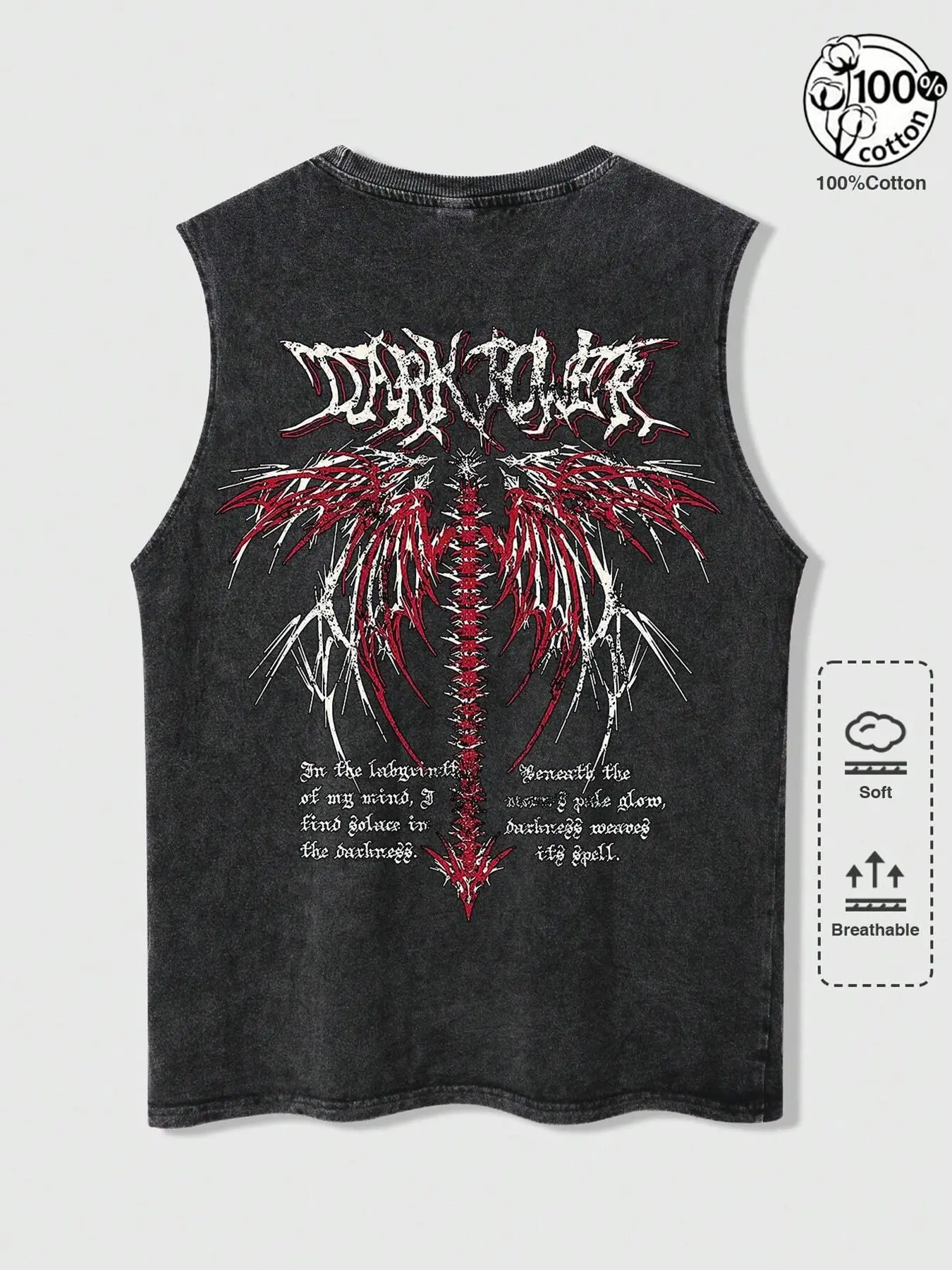 Unisex 100% Cotton Acid Washed Black Loose Baggy Sleeveless Tank | "DARK POWER" Bone Wing Graphic Print Dark Y2K Gothic Alternative Casual Streetwear Top