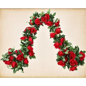 Red Artificial Rose Vine - 16FT Fake Flower Garland for Wedding Decor - 2 Pack Silk Rose Plants - Home Garden Party Decoration - Valentine's Day Mother's Day Gift - Reusable Craft Art Vine Decorative Fruit Plastic Room
