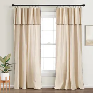 Lush Decor Modern Faux Linen Embroidered Edge With Attached Valance Window Curtain Panel Set 84x52 Inches 2 Panels Blue Light Gray Light Linen Dark Linen Navy