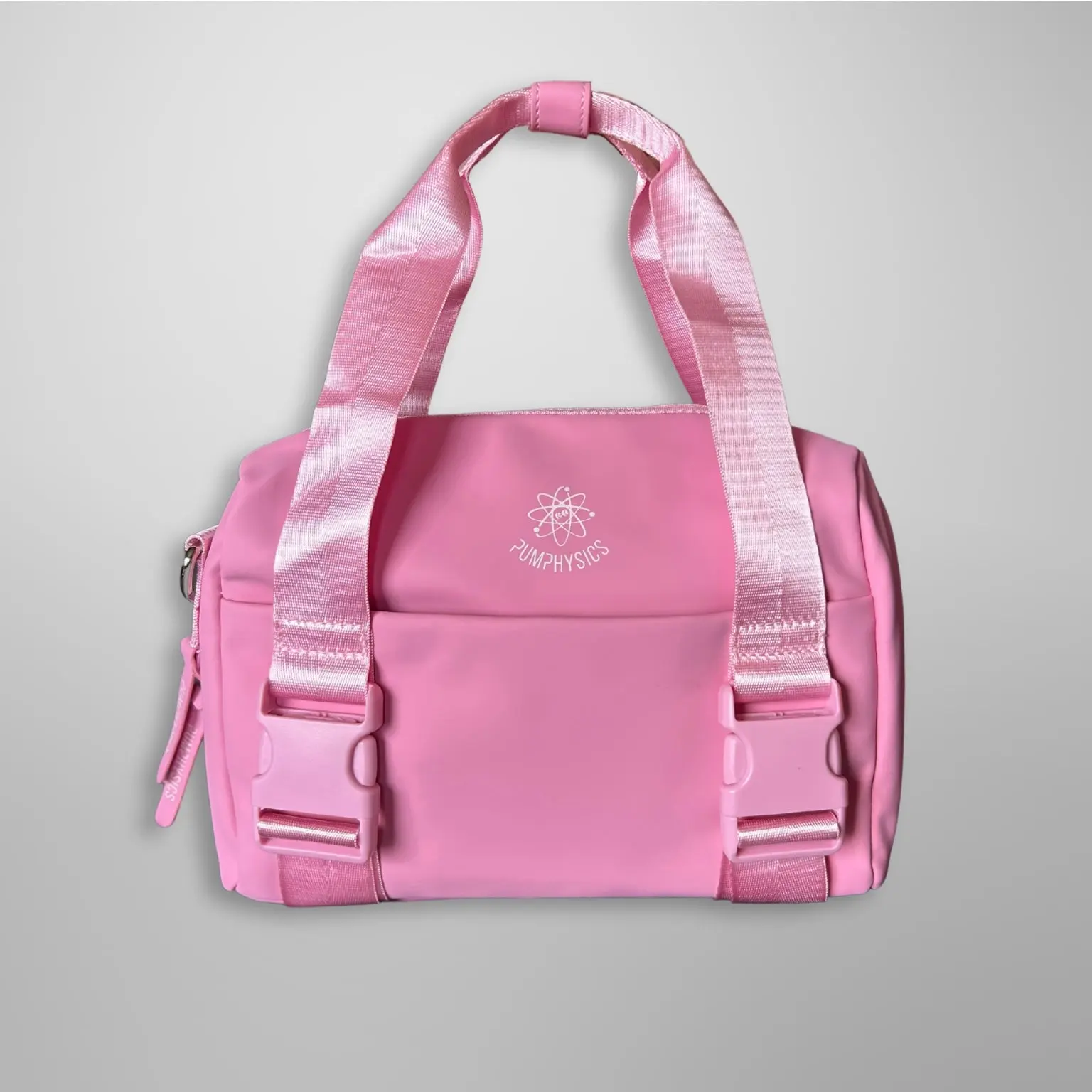 PUMPHYSICS Momentum Mini Gym Duffle Bag - Pink PU Leather with Velcro Closure & Mesh Pocket - Vegan Friendly, Water Resistant, Lightweight, Durable Design