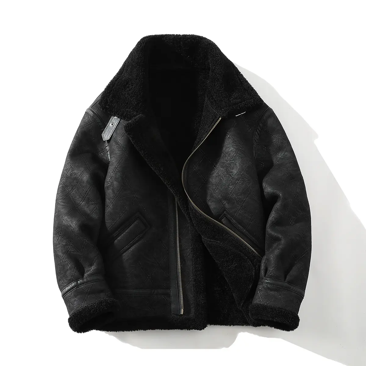 Men's Winter Plain Soft Stylish Faux Suede Faux Shearling Black Jacket - Handmade Thickened Outdoor Coats, Limited Edition Menswear Classic Warm Outerwear