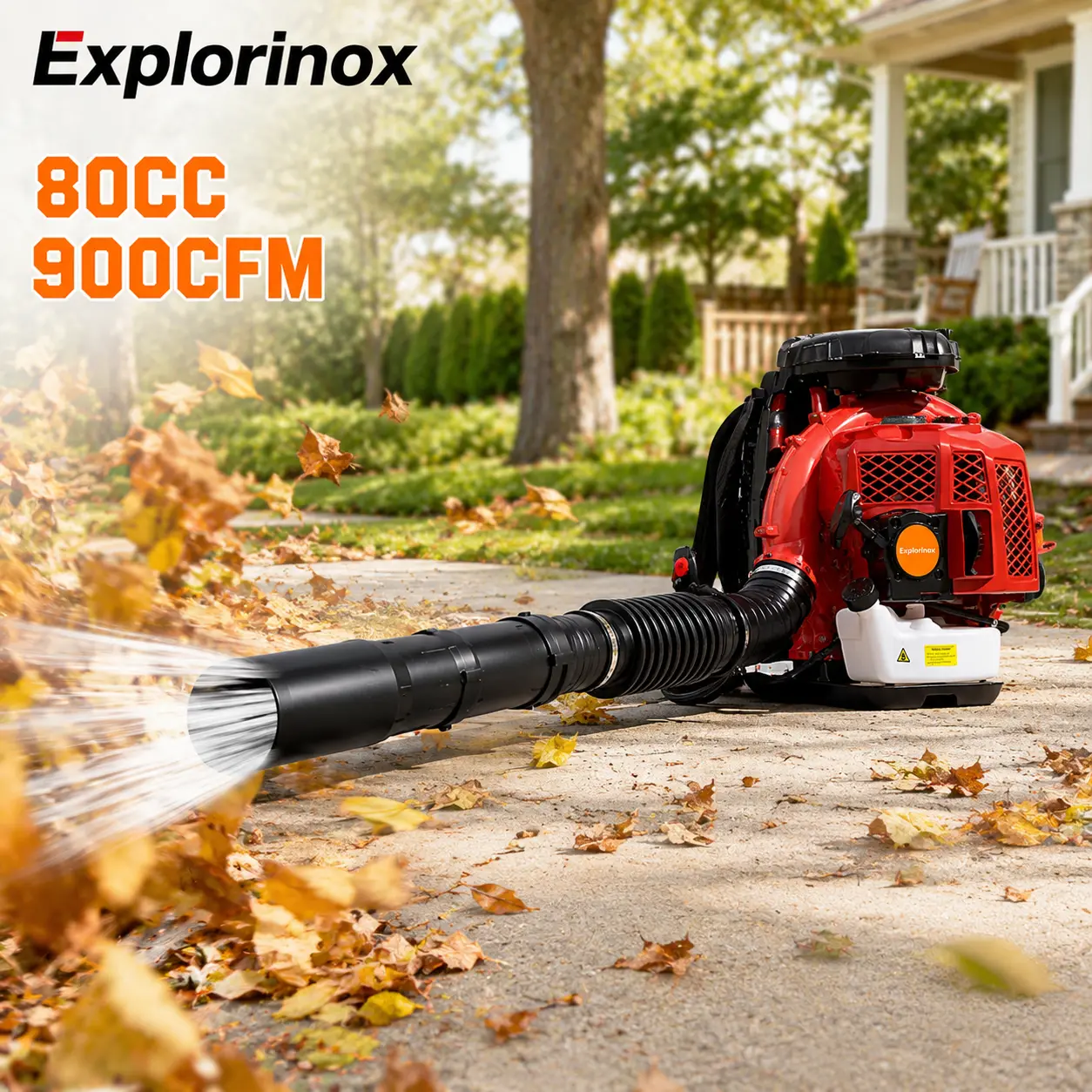 Explorinox Super Power 2-Stroke Gas-Powered Backpack Blower - 900CFM High Speed Blower, 80CC Engine, Stainless Steel Eco-Friendly Build, ABS Components, Oil-Compatible, 2.3L Tank for Lawn Care Leaf Cleanup