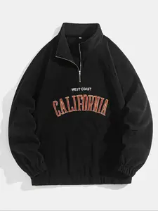 2026 Men's Letter Embroidery Polar Fleece Quarter Zip Sweatshirt, Casual Regular Fit Raglan Sleeve Stand Collar Pullover for Fall & Winter, Fashion Men's Clothes for Daily Wear, Long Sleeve, Menswear
