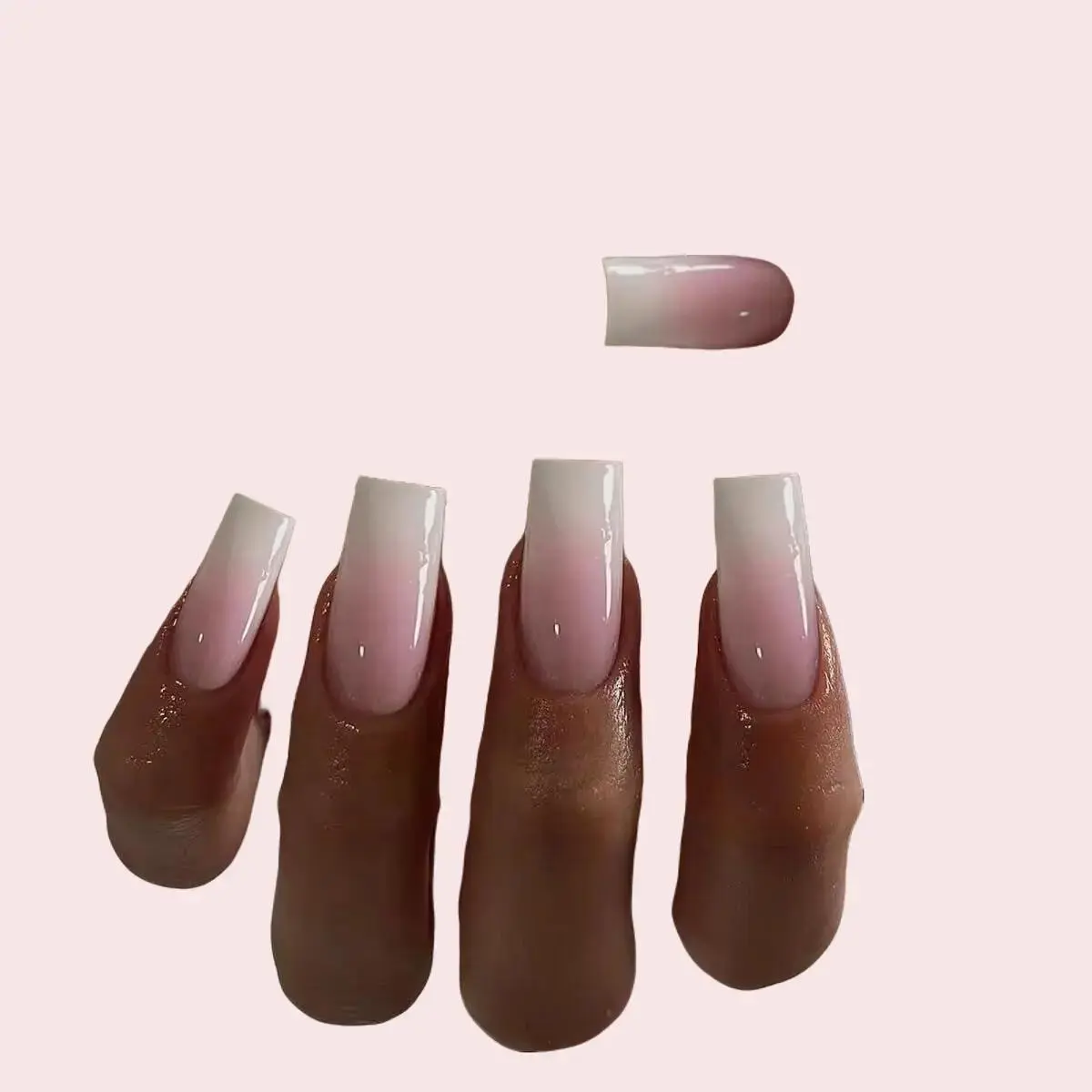 Ombre Pink Press on Nails – Long Square Gradient French Fake Nails Set, Natural Gel Look Coffin Nails for Daily Wear, 24 Pcs