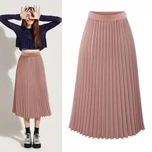 Women High Elastic Waist Pleated Chiffon Skirt Midi Swing A-line Skirts