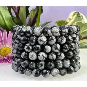 Wholesale Lot 6 Pcs Snowflake Obsidian 8mm 7.5” Crystal Healing Stretch Bracelet