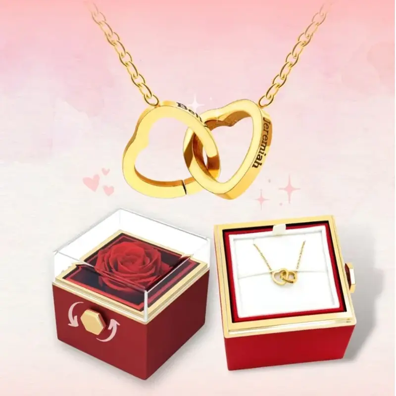 Personalized Couple's Names Heart Necklace Custom Jewelry Rotating Preserved Rose Box For Women Wife Valentine's Day Gift