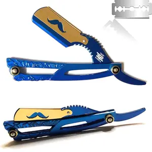 Blue and Gold Straight Edge Razor Handmade Special Edition Engraved Unisex Folding Razor