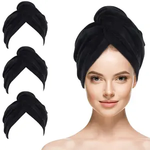 Microfiber Hair Drying Cap Hair Turban Twist for Fast Drying Towels Head Turban Absorbent Soft Lightweight 3 Pack Black