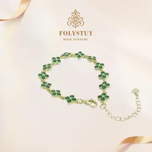 Width 9mm Length 23cm Length 9.06 inches; with extension chain FOLYSTUY (W182) 4-leaf flower inlaid with green stone Unisex Christmas gift