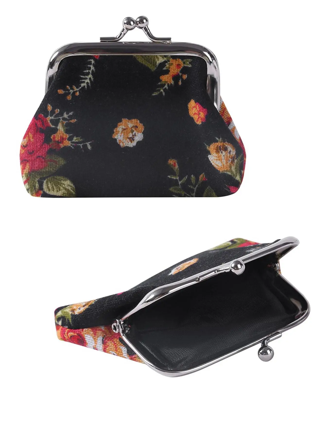 Women's Vintage Floral Pattern Canvas Kiss Lock Coin Purse, Printed Rose Purse Small Wallet, Retro Frame Bag for Daily Used