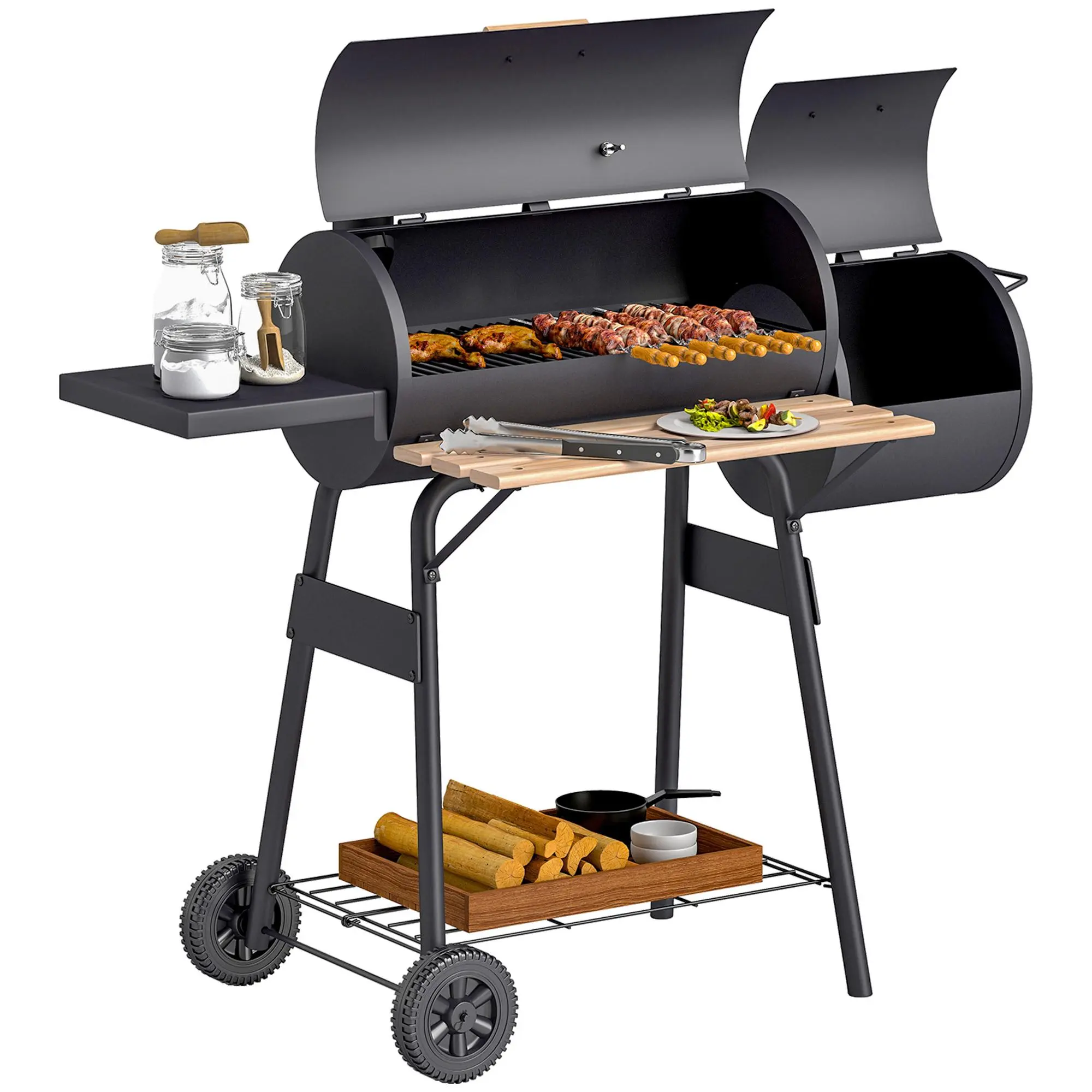 Outsunny Freestanding Metal Steel Offset Charcoal Barbecue Grill, 231 Sq.In. Cooking Area, Barrel Combo with Side Tables, Shelf, Thermometer, Wheels for Outdoor Patio Gatherings, Charcoal Grill Freestanding Barbecues
