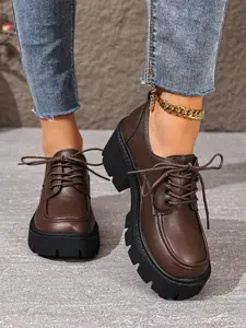 Women's Vintage British Style Lace-Up Thick Sole Small Leather Shoes, Chunky Heel Anti-Slip Casual Shoes, All-Season Comfortable Walking Shoes