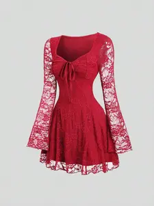 Women's Lace Patchwork Bodycon Dress, Womenswear, Long Sleeve, Fit, Elegant Fashion Design, Casual Wear, Versatile Stylish Item, Perfect for Daily