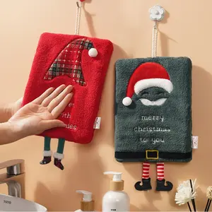 1pc Hanging Thick Coral Fleece Towel, Kitchen Absorbent Quick-Dry Cloth, Cartoon Hand Towel, Christmas Embroidery Pattern