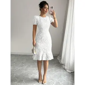 2025 Spring Summer Women's Summer Elegant Jacquard Texture Solid Color Round Neck Ruffled Skirt Puffy Sleeve Mid-Length Dress