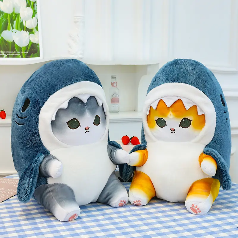 Kawaii Shark Cat Doll Childrens Shark Plush Toy Cushion Kitten Cartoon Body Pillow Sofa Pillow Birthday Gift for Men and Women