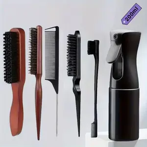 5/6pcs Hair Styling Brush Set with Bamboo Handles - 200ml Spray Bottle Bristle Teasing & Smoothing Combs for Men and Women, Perfect for Slicked Back Hairstyles