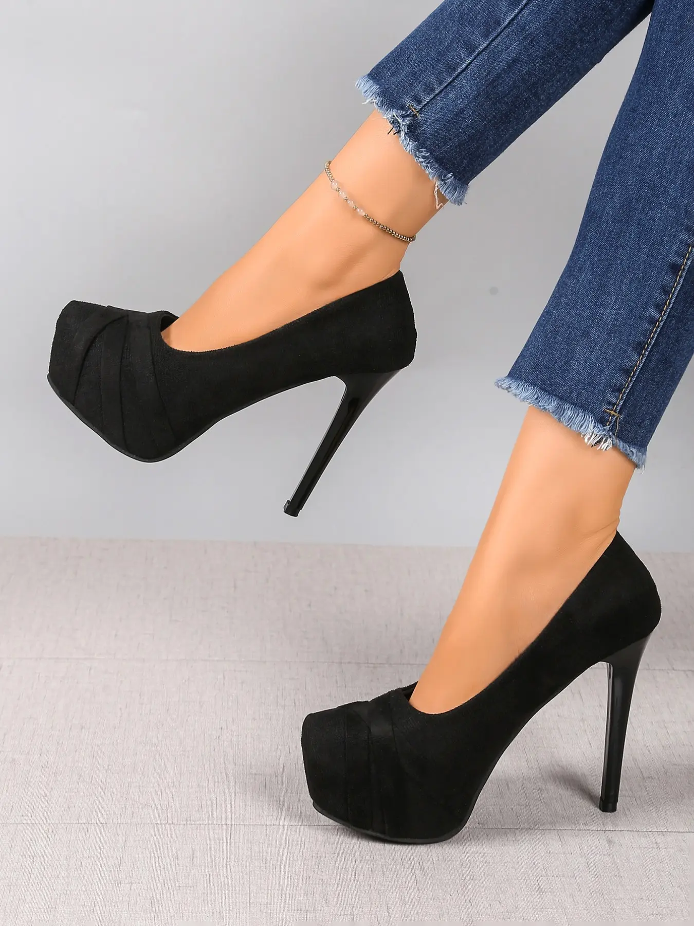 Velvet Waterproof Stiletto Heels, Round Toe Pleated Low Top Shoes, Sexy Stylish Classy Elegant Women's Footwear for Office, Parties, Events, High Heels
