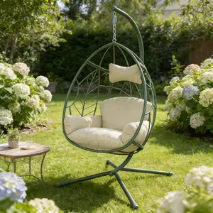 Steel Frame Hanging Egg Chair with Leaf Pattern, Outdoor Hammock Swing Chair with Soft Cushion for Patio, Backyard and Balcony