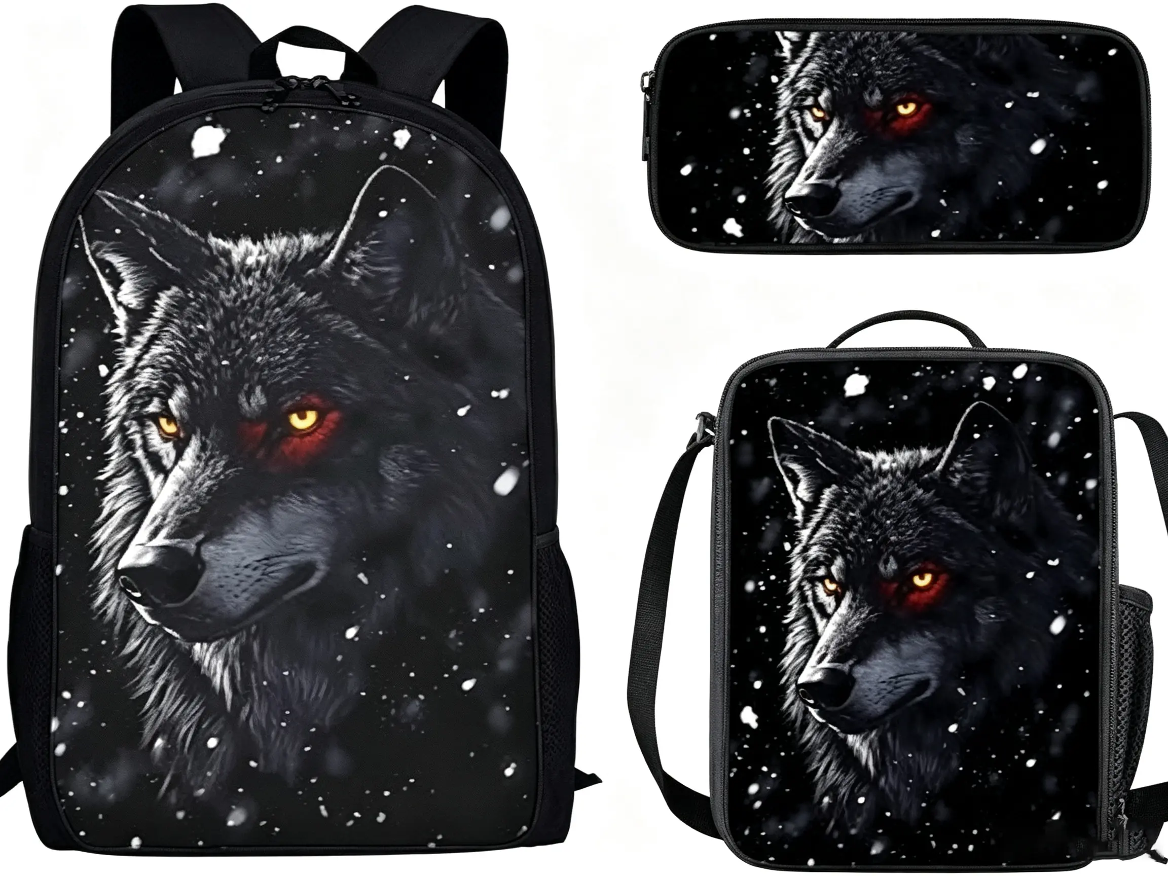 Youth 3-in-1 Wolf Pack Backpack Set - Amber Eyes Lone Wolf Graphic, Thick Waterproof Polyester, Zip-Closure, Ergonomic Shock-Absorbing Fit, School/Camping Winter Sports Outdoor Gift for Boys