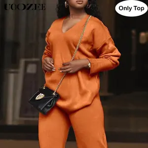 UOOZEE Women's Autumn Winter Simple Oversized V-Neck Long-Sleeve Knit Pullover Top, Versatile Style for Brunch, Weekend Errands, Easy Matching with Blazer, Bag, Earrings