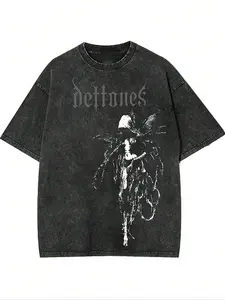 Washed, Vintage Deftones Print Black Graphic T-Shirt - Nu-Metal Band Print Gothic Streetwear Tee, Oversized 100% Cotton Round Neck Daily Wear Top for Deftones Fans & Alt T-Shirt, Short Sleeve, Loose Fit Casual Top, Casual Style Tee