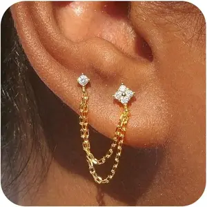 Gold Chain Studs Earrings for Women Trendy: Hypoallergenic 14K Gold Plated Dangle Earrings Dainty Small Long Chain Earring Set Fashion Gold Jewelry for Women