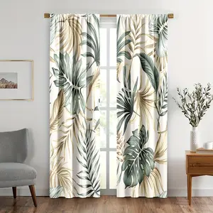 2pcs Palm Leaf Curtains, Coconut Greenery Watercolor Print, Fresh & Natural Pattern, Rod Pocket For Kitchen, Living Room Decoration