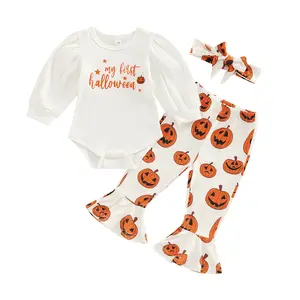 My First Halloween Baby Girl Outfits Newborn Ribbed Romper Tops Pumpkin Bell Bottoms Set Infant Onesie Flare Pants Fall Clothes