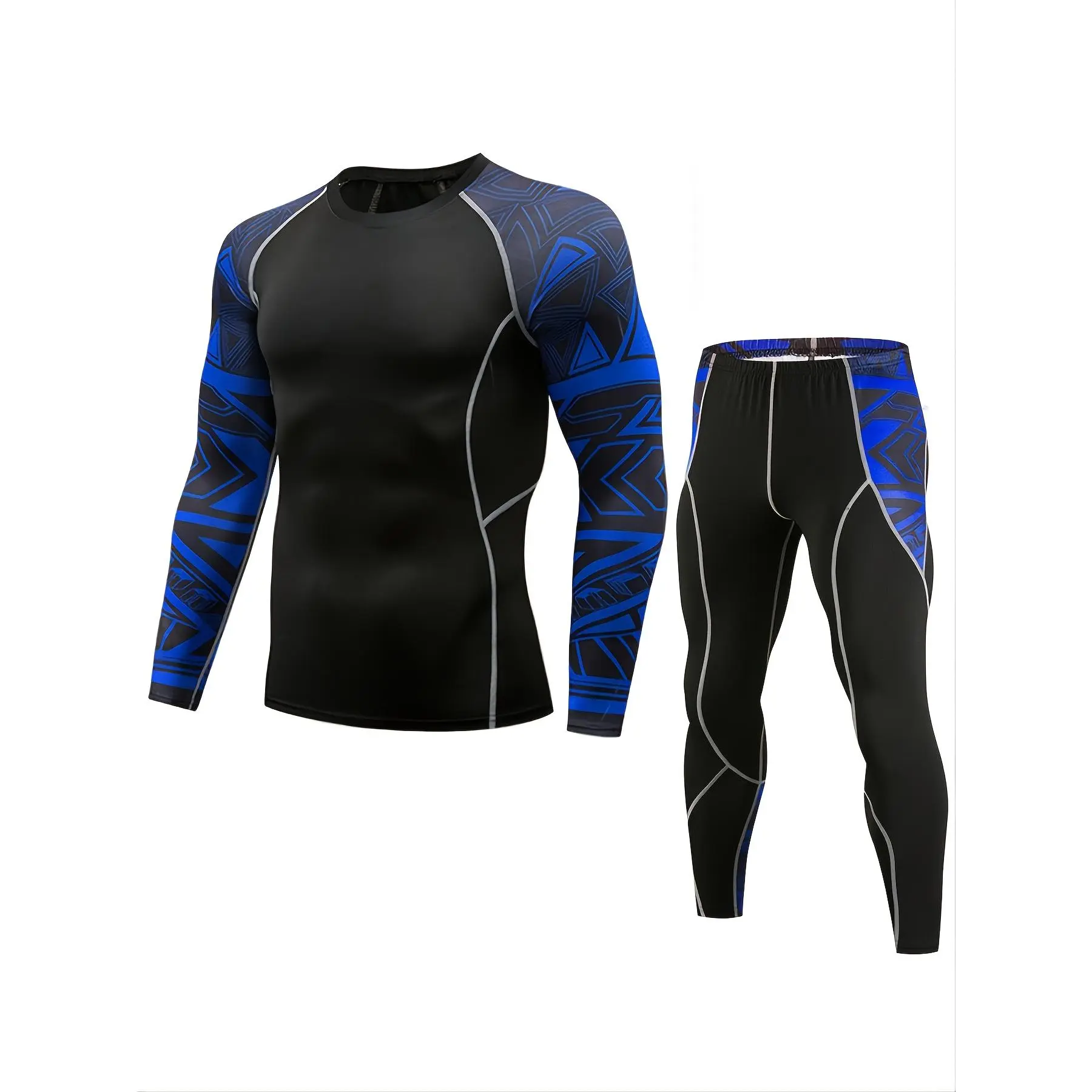 Men's Tight-Sleeve Polyester Athletic Compression Outfit Sets - Fitness Wear, Quick-Dry Elastic, All Over Print Long-Sleeve PRO Gear for Running, Basketball