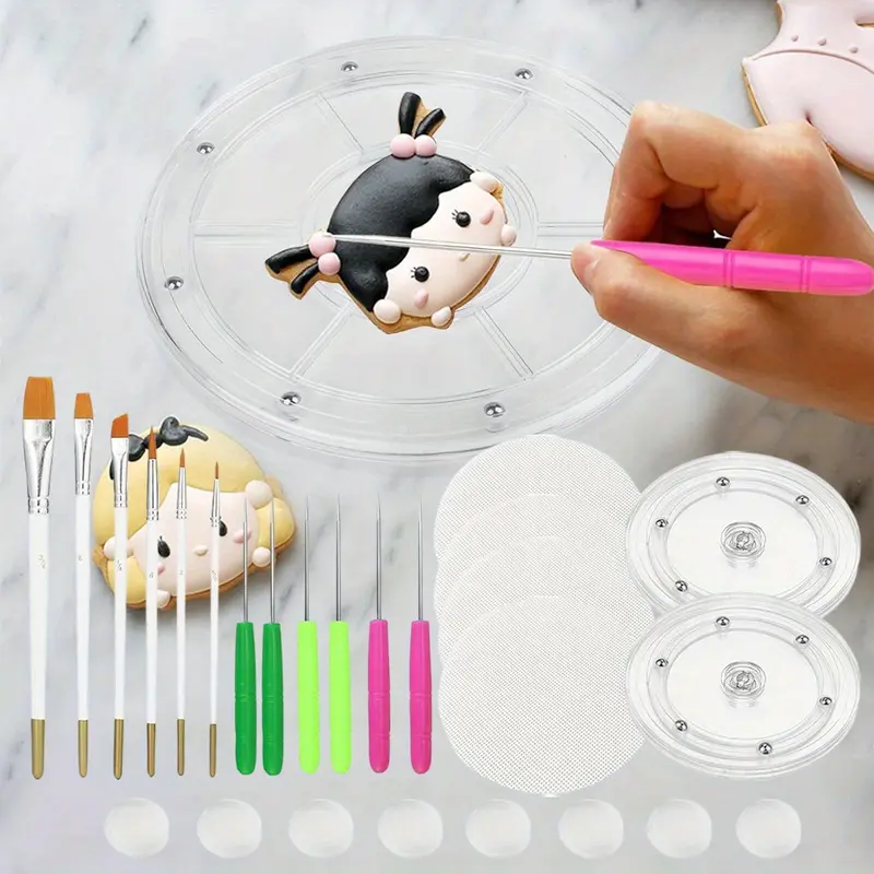 26pcs Plastic Cookie Decorating Supplies Set Including 2 Acrylic Cookie Turntable 6 Cookie Scribe Needle 4 Silicone Mesh Mats 6 Cookie Decoration Brushes 8 Rubber Feet Bumpers for Pastry Making and Cake Decoration