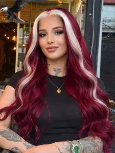 26 Inch Red and White Highlighted Body Wave Lace Front Wig Heat Resistant Synthetic Hair Natural Hairline for Daily & Party Wear