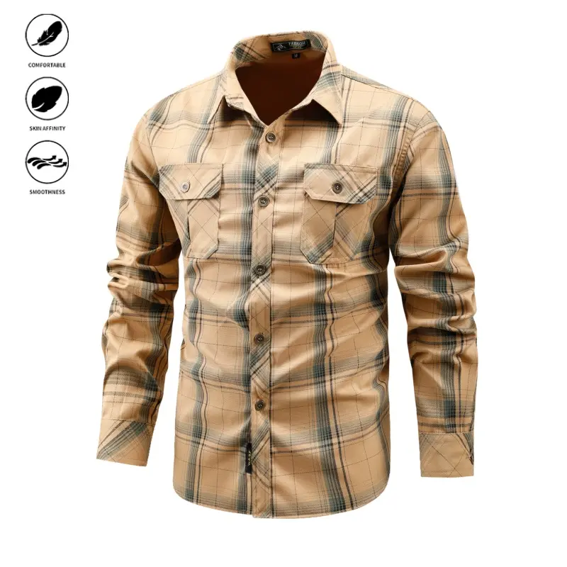 Men’s plaid long-sleeve flannel shirt, button-down design for daily commuting and outdoor hiking, casual outer layer