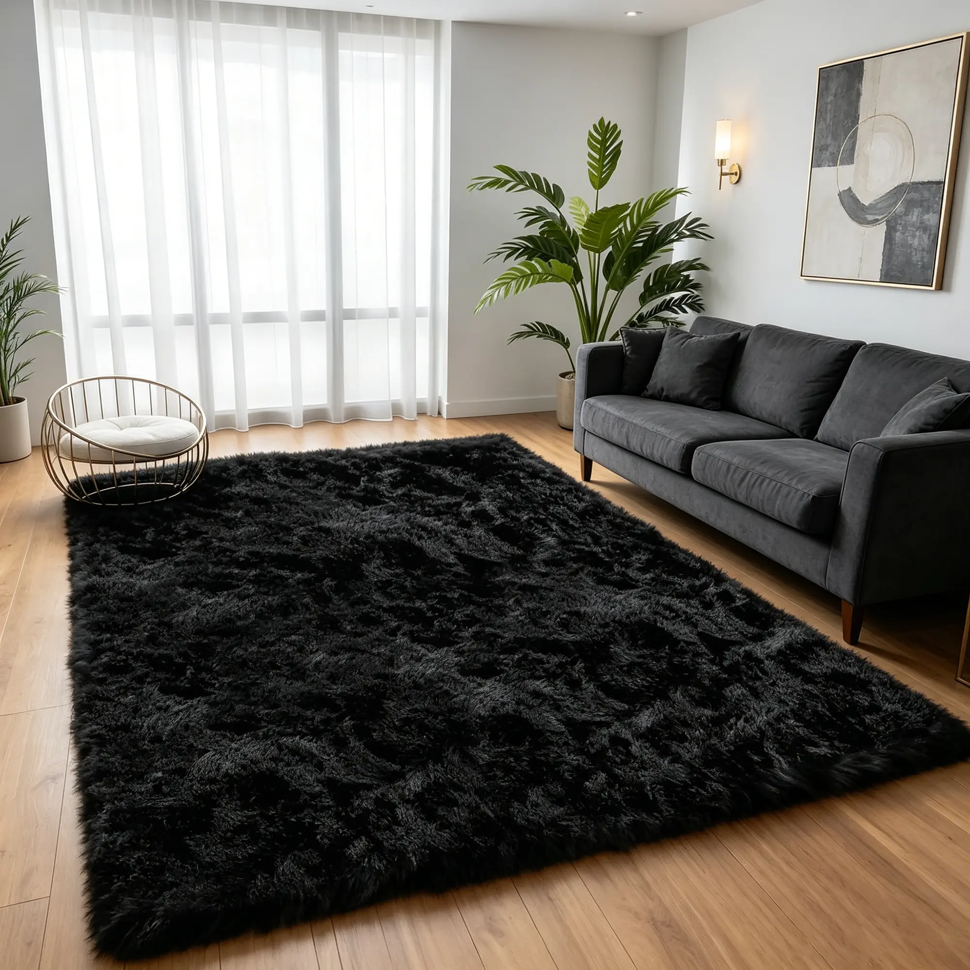 G-DAKE Ultra Soft Fine Shaggy Black Area Rug - Anti-Slip, Fluffy, Skin-Friendly Carpet, Versatile Floor Mat for Bedroom, Living Room Decor, Room Accessories