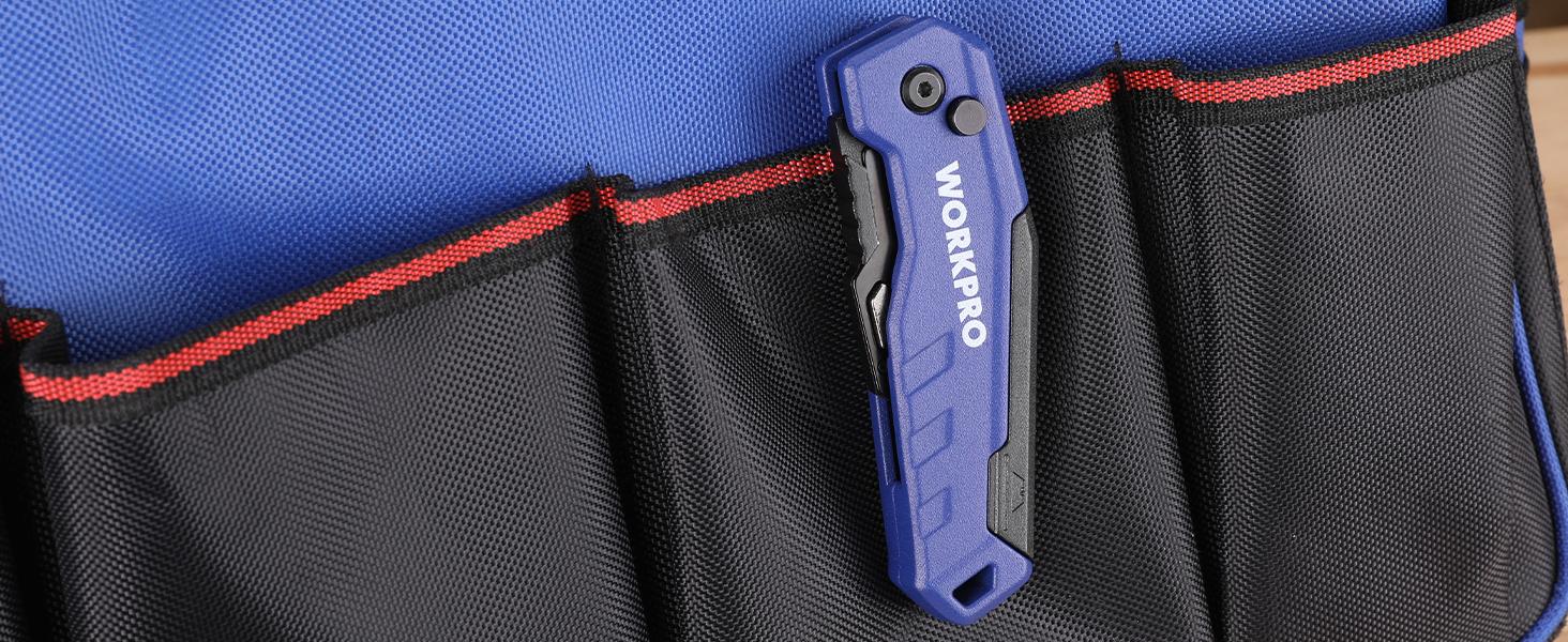 #fathersdaygift WORKPRO Folding Utility Knife, Quick Change Box Cutter, Razor Knife for Cartons, Cardboard, Boxes, Blade Storage in Aluminum Handle, 13 Extra Blades Included (Blue)