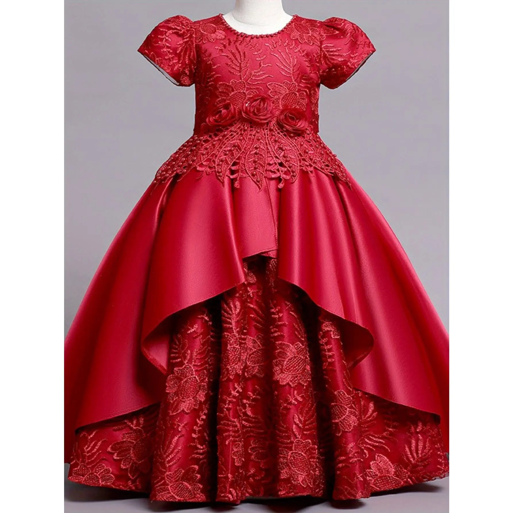 Child Sized Formal Dresses - Elegant Polyester Tulle Gown for Girls with 3D Appliques, for Weddings, Size 11-12y
