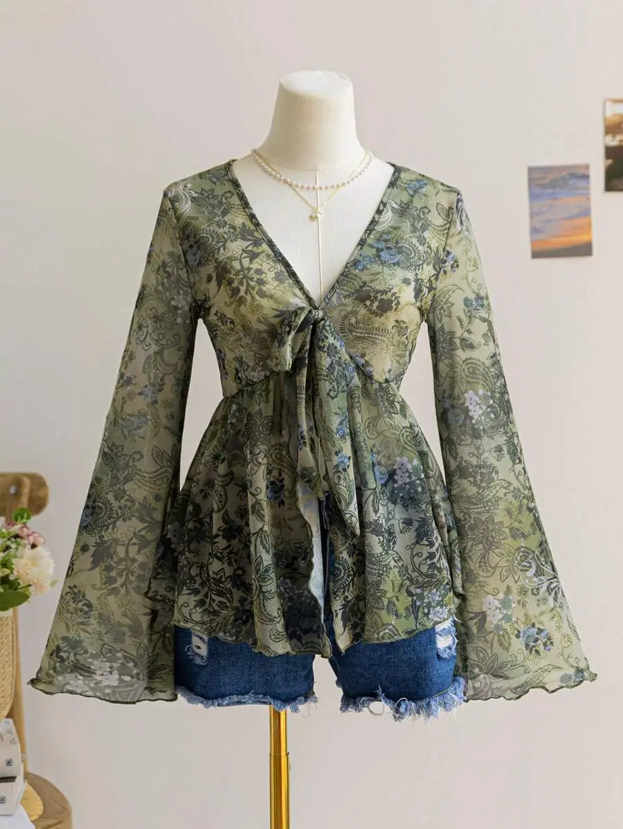 Soleia Women's Polyester Bohemian Retro Green Floral V-Neck Lace-Up Bowknot Flared Sleeve Asymmetrical Hem Fit Blouse, Summer Holiday Tea Party Concert Wear