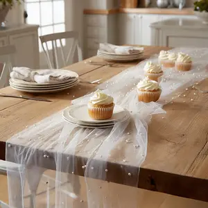 1/2/3-piece pack, elegant white tulle table runners with pearls, suitable for decorating arches/table runners/tables/chair back ribbons/dessert tables/bridal veils/bridal bouquets, perfect for wedding ceremonies and holiday party decorations.