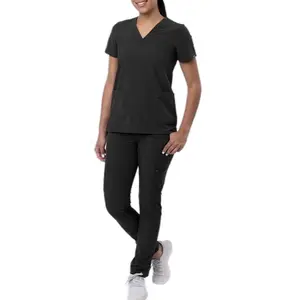Adar Addition Go-Basic Scrub Set for Women - Slim V-Neck Scrub Top & Skinny Cargo Scrub Pants Black Medical Uniform