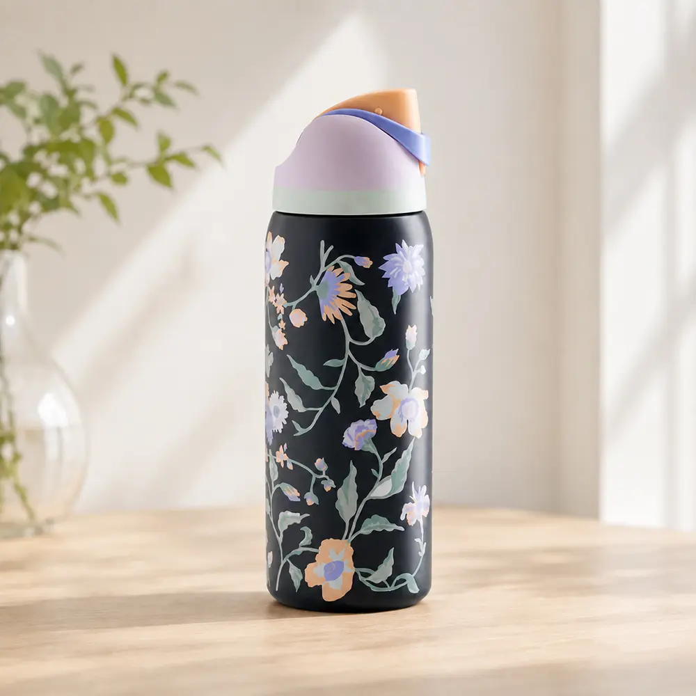 Owala Cute Midnight Garden Pastel Floral Insulated Water Bottle with Built-In Straw, Push-Button Lid & Carry Handle – Black Stainless Steel Bottle for Women, Teens, Work, School, Gym & Daily Use