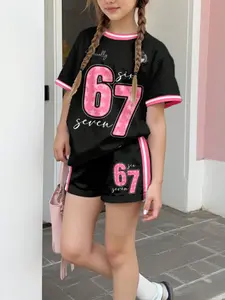 Teen Girls Casual Patterned T-Shirt and Striped Shorts Set, Includes 67 Print, and, Spring Summer Daily Wear