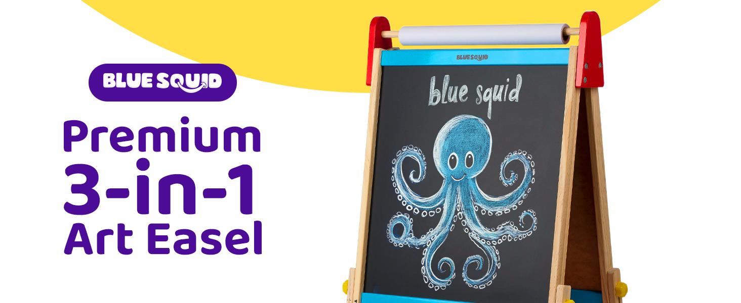 Blue Squid Art Easel for Kids with Paper Roll x 3, Includes 100+ Accessories, Double Sided Adjustable Wooden Painting Easel with Magnetic Chalk Board, White Board for Toddlers Ages 3,4,5,6,7,8,9,10,12