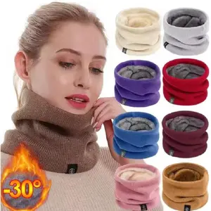 2pcs Solid Winter Plush Muffler Woolen Knitting for Women Fleece Ring Bandana Scarf Neck Warmer Buff Thick Cashmere Headband Ski Mask -30°