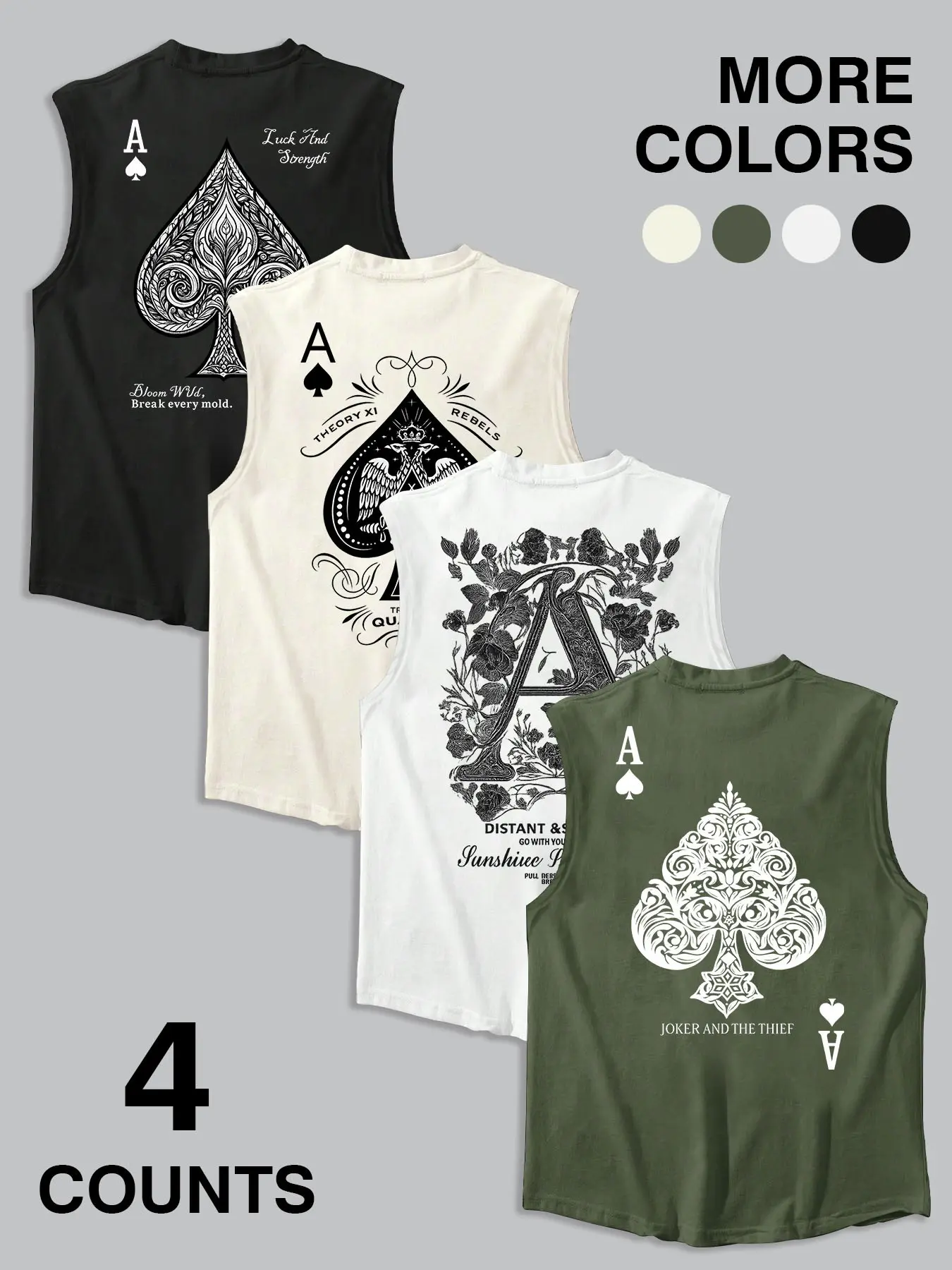 Ace of Spades Vintage Graphic 4-Pack Tank Tops - Men's Streetwear Casual Sleeveless Tees